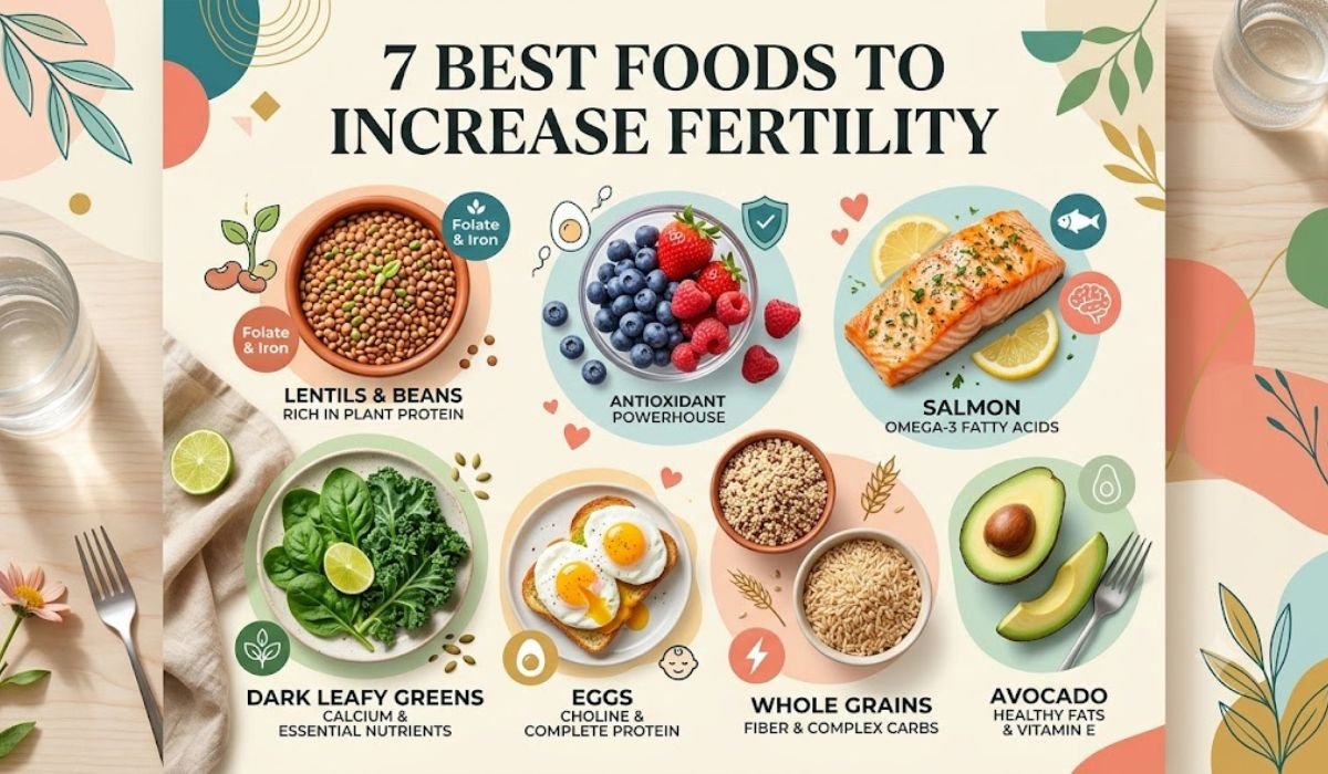 7 best foods to increase fertility including salmon, eggs, leafy greens, berries, and nuts