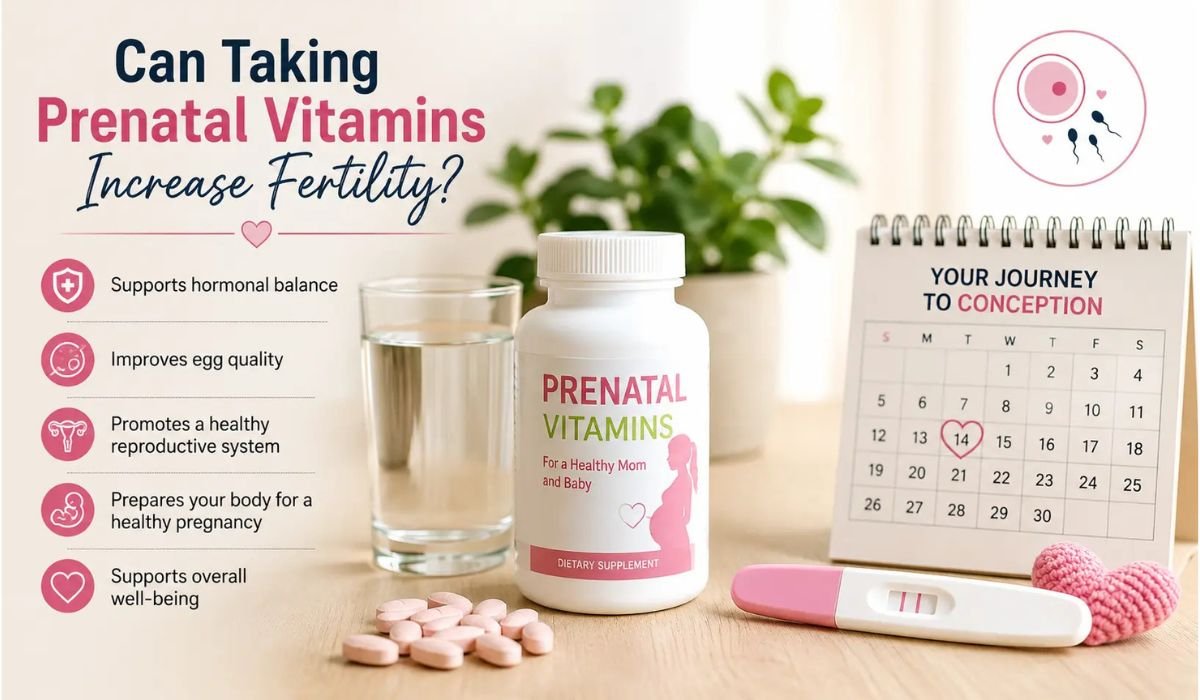 Can Taking Prenatal Vitamins Increase Fertility? Woman holding prenatal vitamins with healthy foods to support fertility and preconception health.