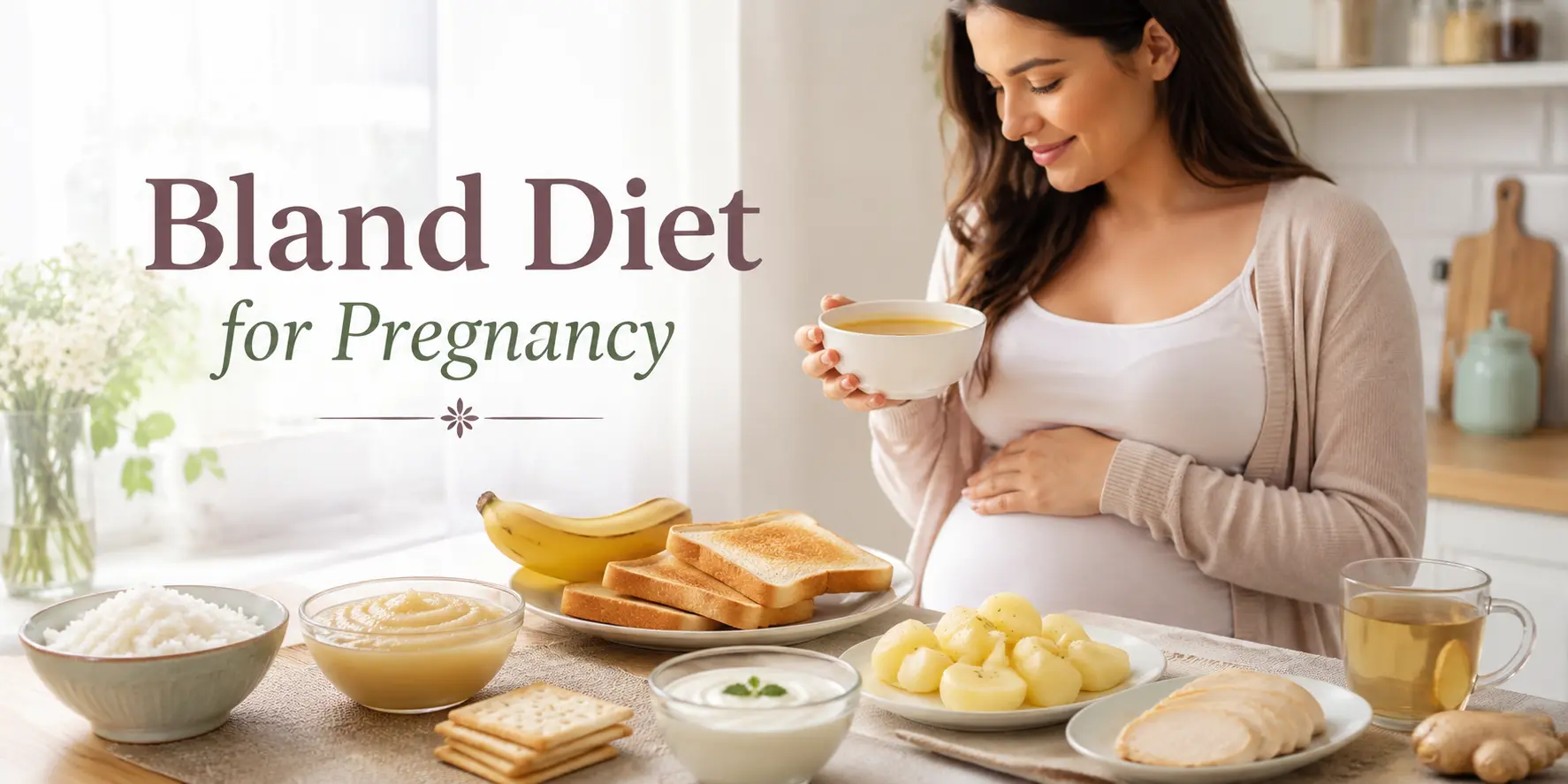 Pregnant woman eating a bland diet with toast, rice, bananas, and ginger tea to help relieve morning sickness.