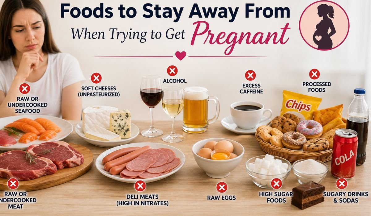 Healthy foods to avoid and safer food choices when trying to get pregnant, including fish, dairy, caffeine, alcohol, and processed foods.