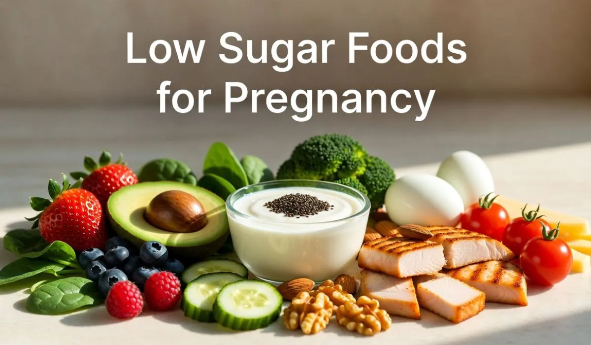 Low sugar foods for pregnancy with healthy fruits, vegetables, and nutritious meal choices for maintaining steady blood sugar