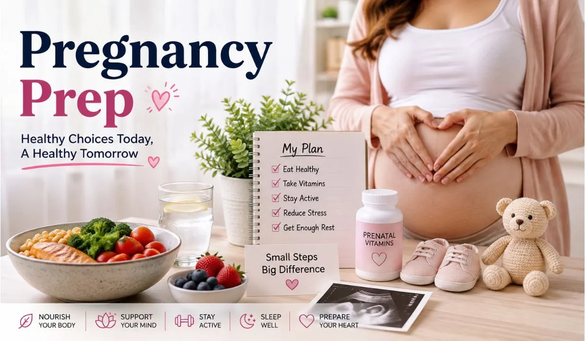 Pregnancy prep guide showing healthy habits, nutrition, and lifestyle preparation before pregnancy