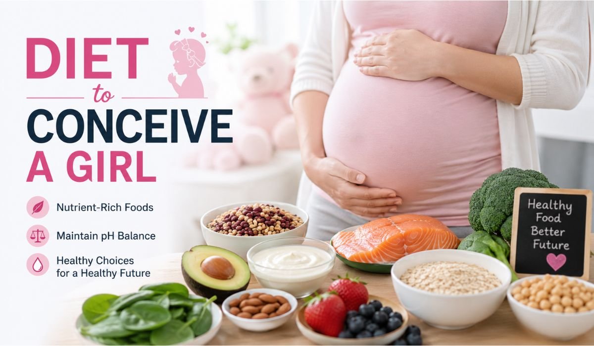 Healthy foods associated with the diet to conceive a girl alongside a pregnant woman