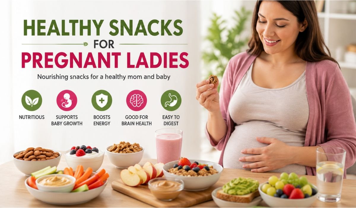 Healthy snacks for pregnant ladies including fruits, nuts, yogurt, and nutritious foods for pregnancy