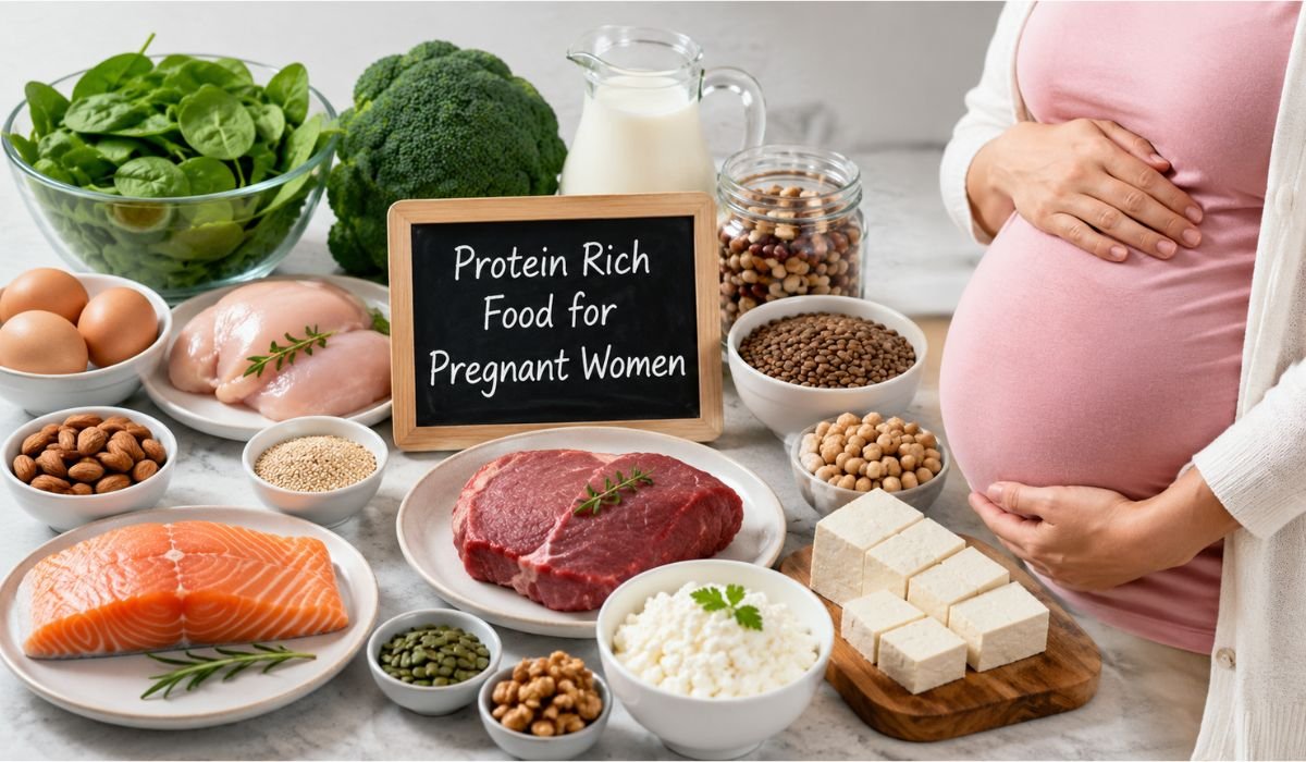 Protein-rich foods for pregnant women including eggs, salmon, chicken, Greek yogurt, lentils, nuts, and tofu for a healthy pregnancy.