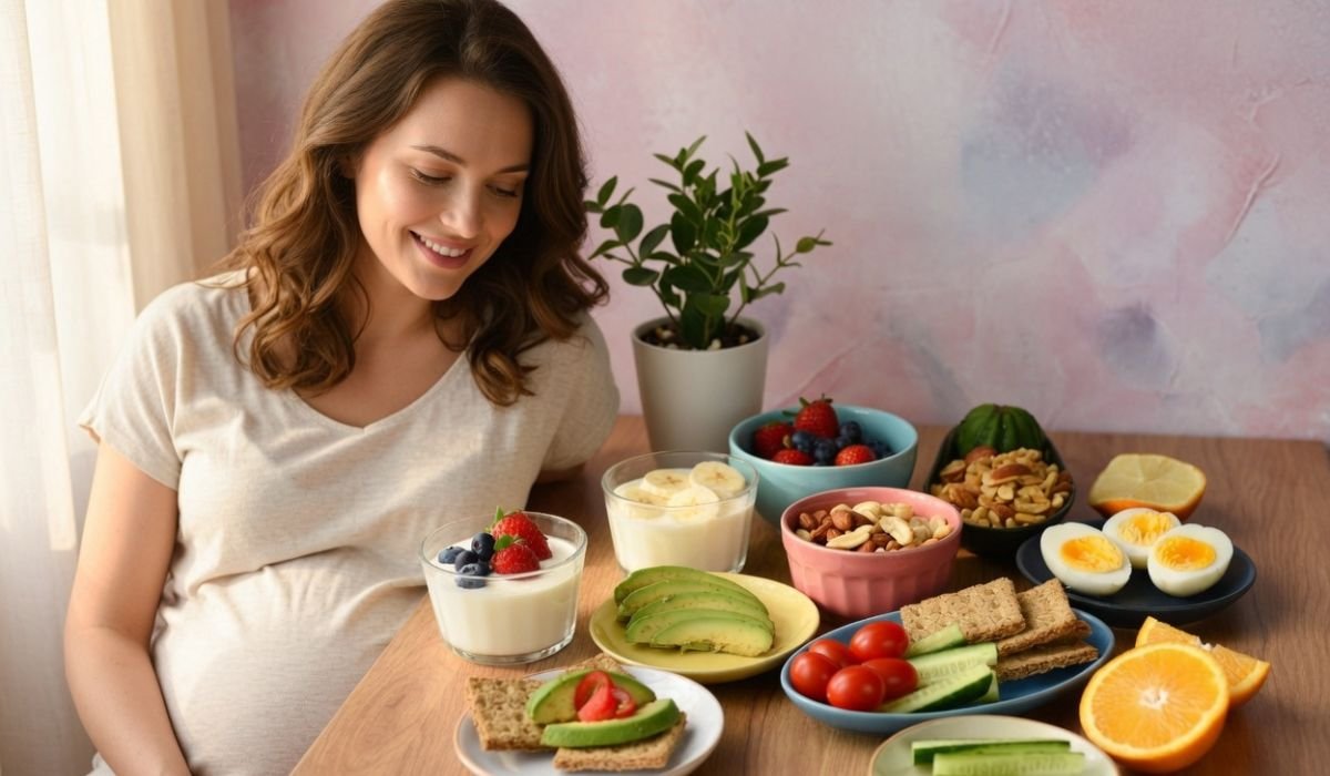 Pregnant woman eating small healthy frequent meals with nutritious pregnancy foods