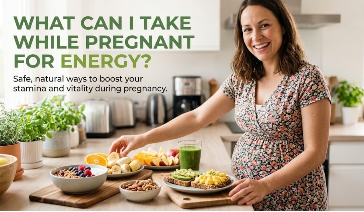 Pregnant woman taking healthy prenatal nutrition supplements and eating energy boosting foods