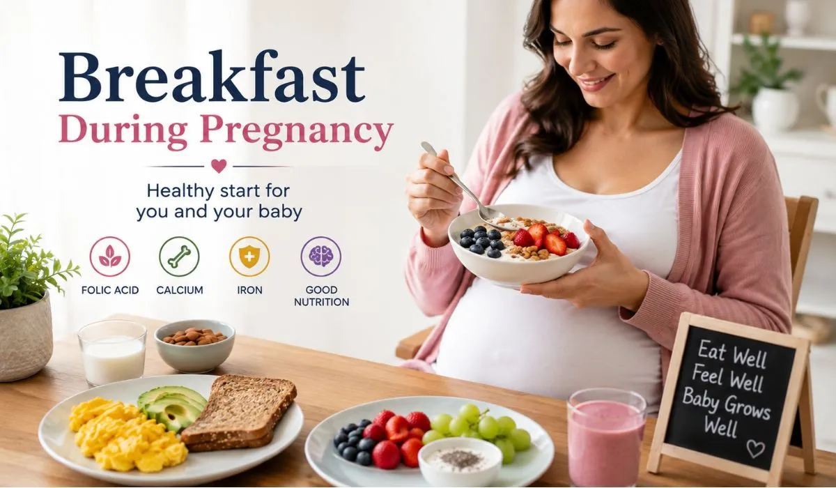 Healthy breakfast foods during pregnancy including eggs, fruit, yogurt, oatmeal, and whole grain toast