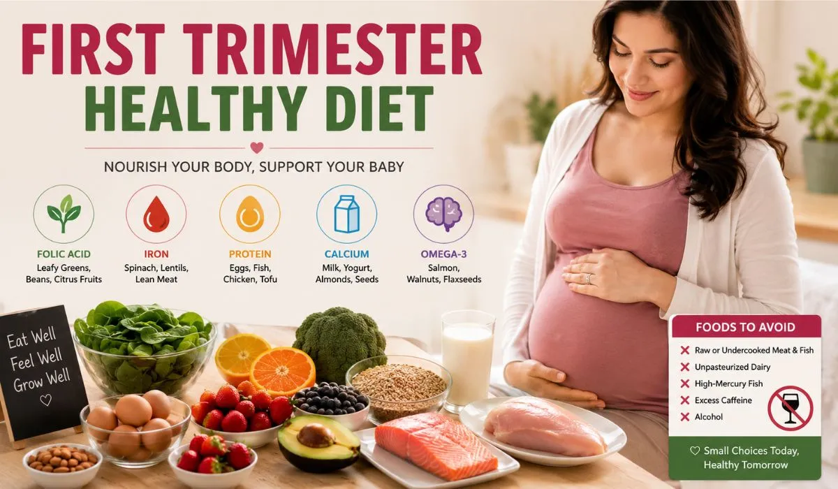 First Trimester Healthy Diet with healthy pregnancy foods including fruits, vegetables, eggs, dairy, whole grains, and prenatal nutrition for early pregnancy.