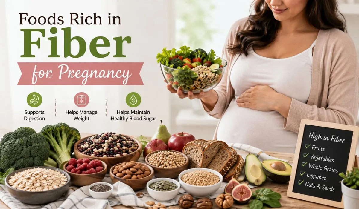 Foods rich in fiber for pregnancy including fruits, vegetables, whole grains, legumes, nuts, and seeds