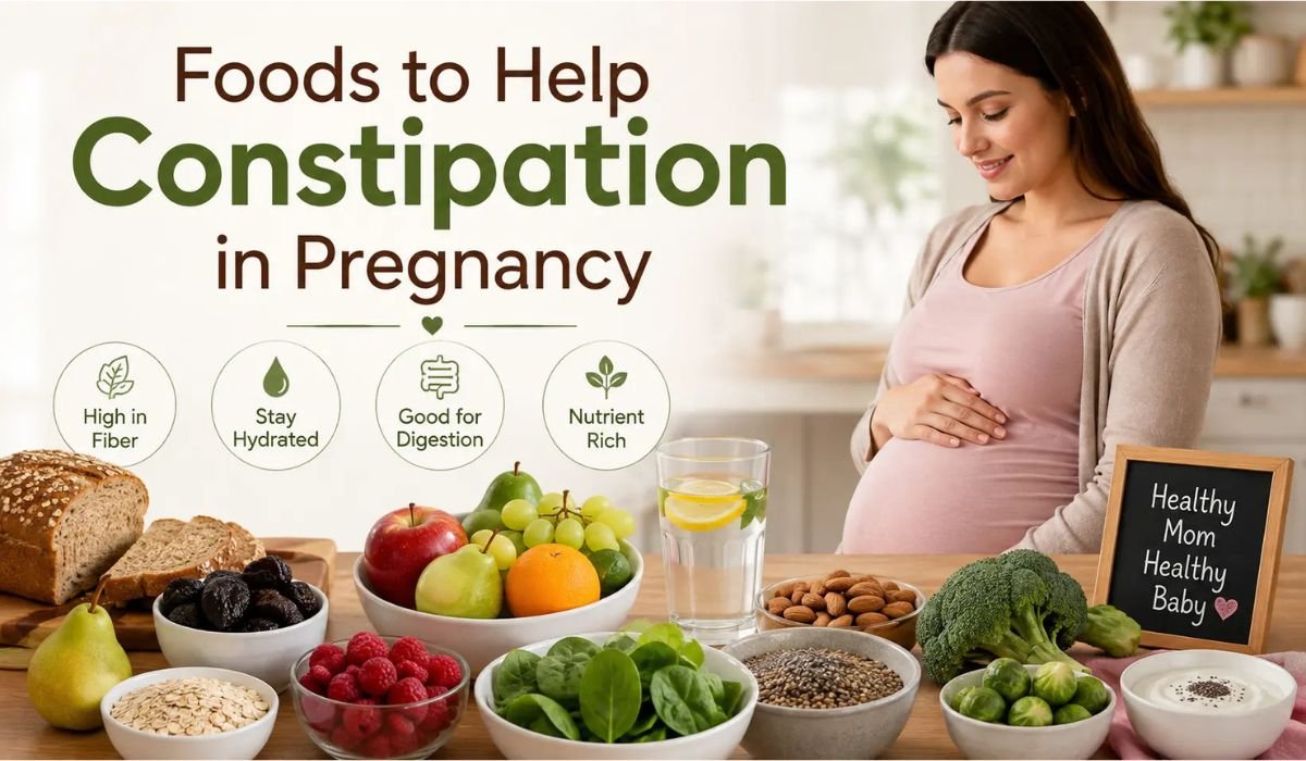 Pregnant woman with high-fiber foods including prunes, oats, fruits, vegetables, and water that may help relieve constipation during pregnancy.