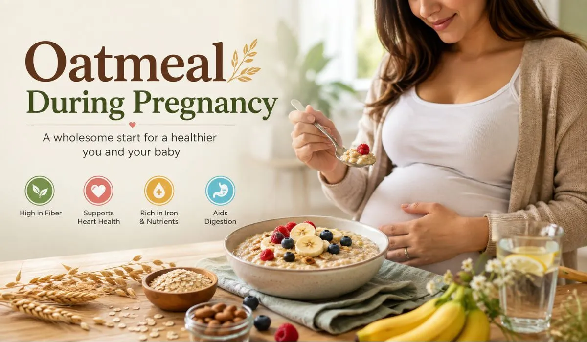 Bowl of oatmeal with berries beside a pregnant woman