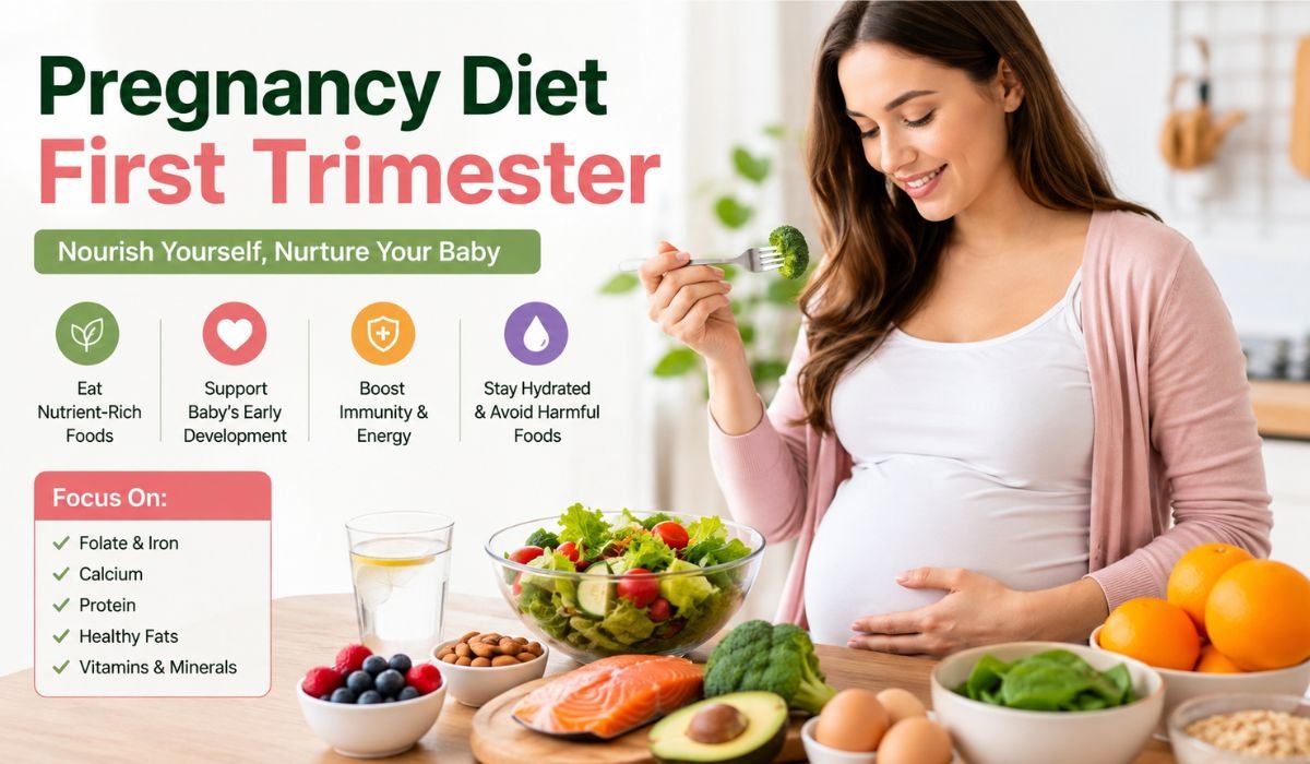 Pregnant woman eating healthy foods during the first trimester with a balanced pregnancy diet including fruits, vegetables, eggs, salmon, and leafy greens.