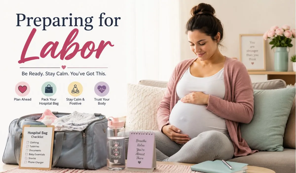 Pregnant woman preparing for labor in the third trimester with hospital bag