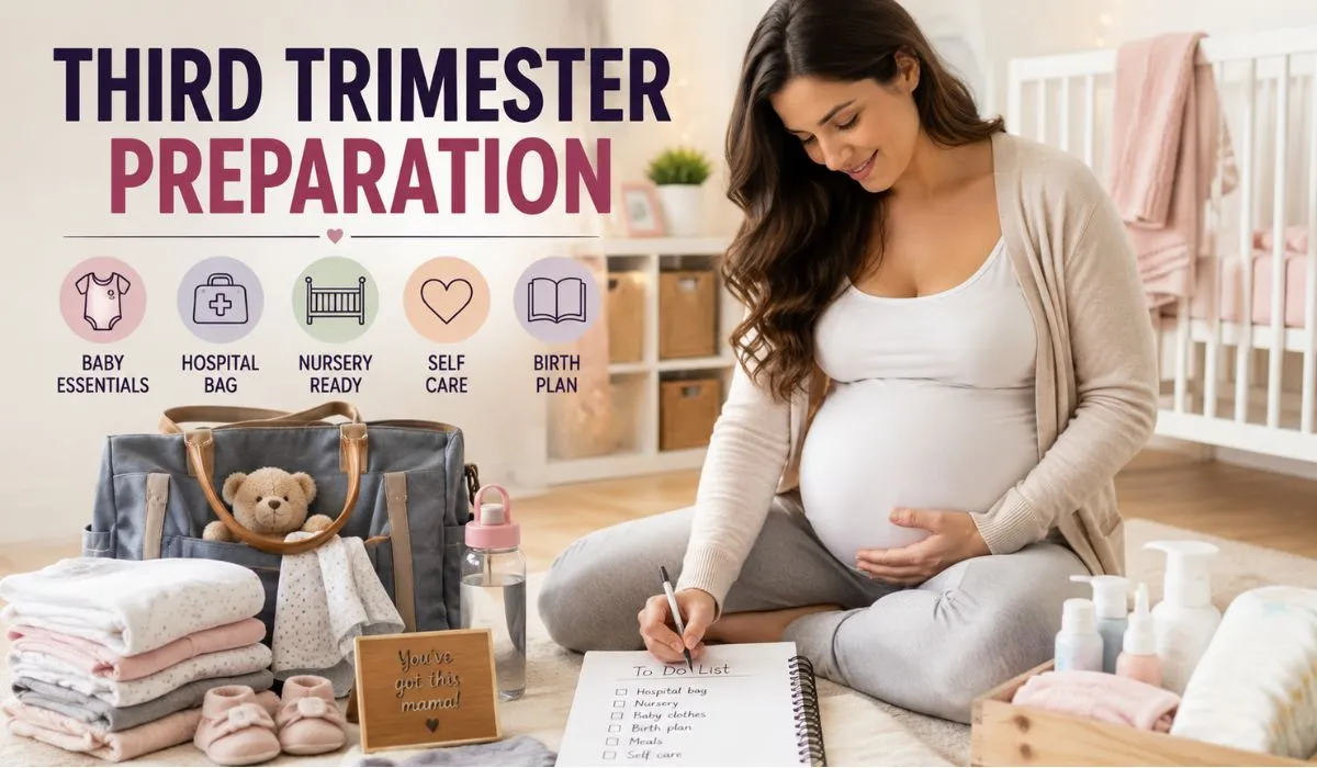 Third trimester pregnancy preparation checklist with hospital bag and baby essentials