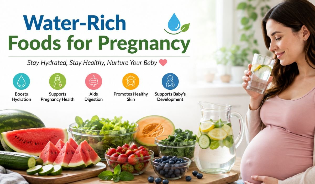Water-rich foods for pregnancy, including watermelon, cucumber, oranges, strawberries, and yogurt.