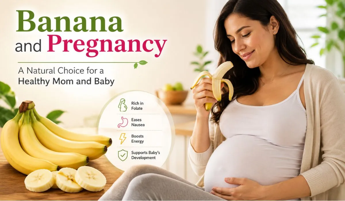 Banana and pregnancy with a pregnant woman eating a fresh banana