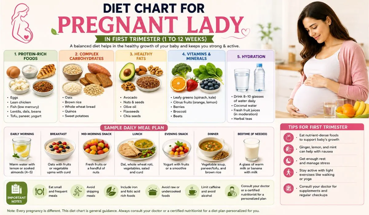 Healthy diet chart for pregnant lady in first trimester showing balanced meals, fruits, vegetables, protein-rich foods, hydration, and essential pregnancy nutrition.