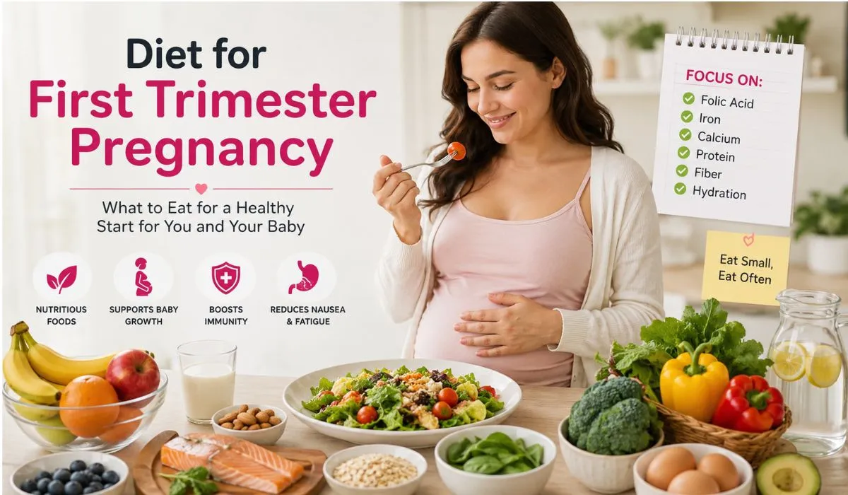 Healthy diet for first trimester pregnancy with nutritious foods including fruits, vegetables, eggs, salmon, dairy, and whole grains for early pregnancy nutrition.