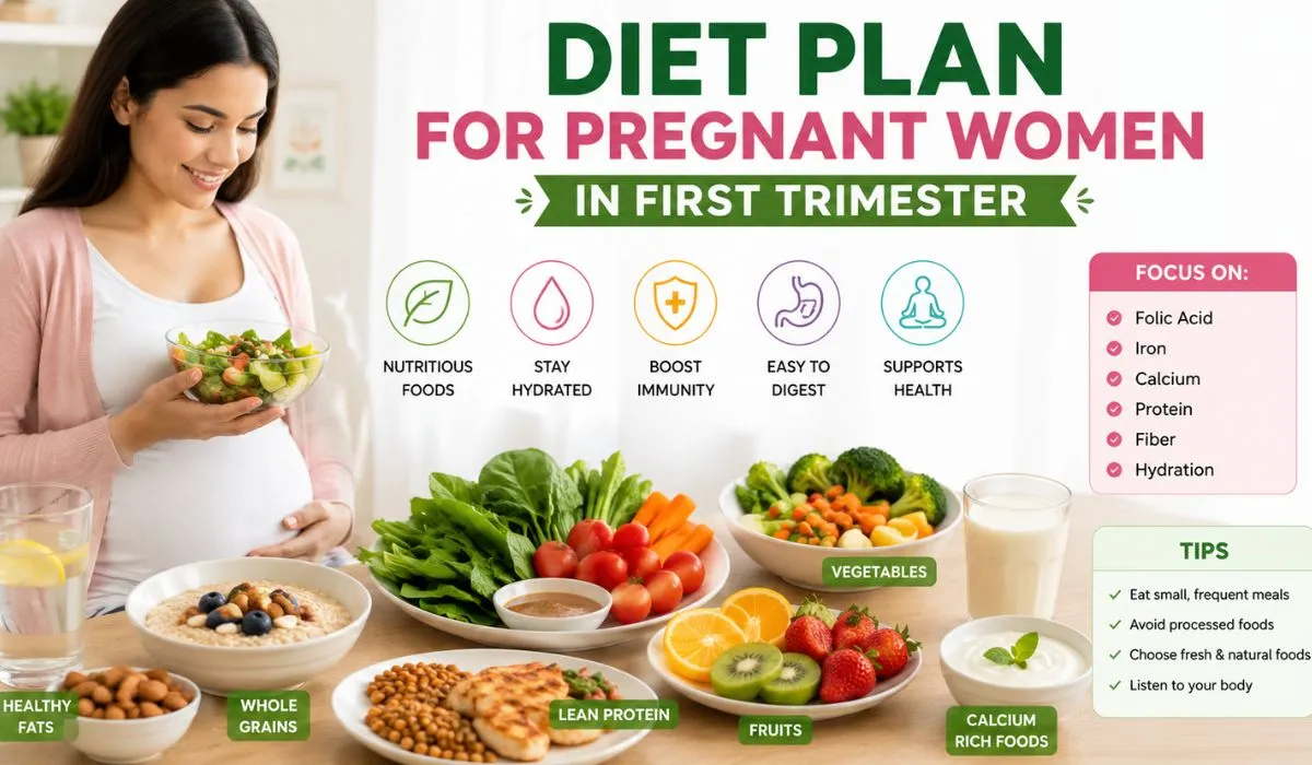 Diet plan for pregnant women in the first trimester featuring healthy foods rich in folate, iron, protein, fruits, vegetables, dairy, and whole grains.