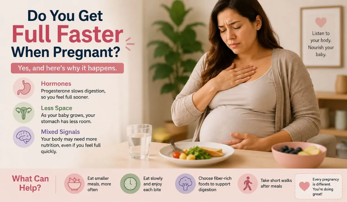 Pregnant woman feeling full quickly while eating a healthy meal