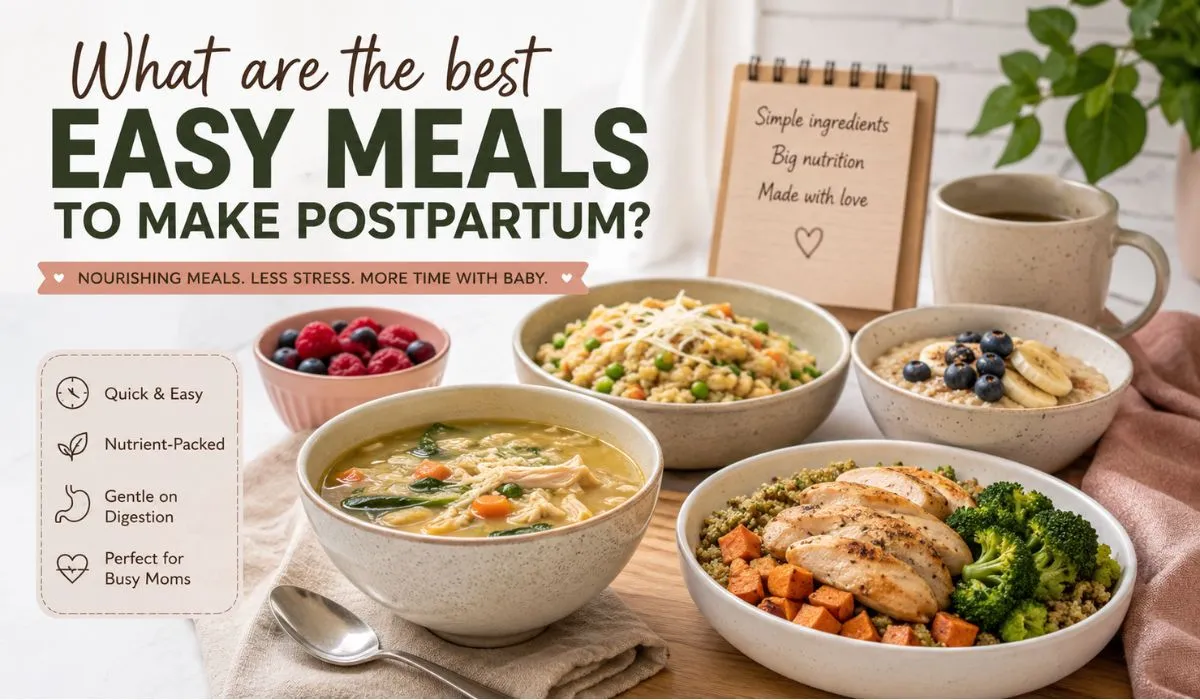 Easy postpartum meals including healthy freezer meals, overnight oats, and one-pan dinners
