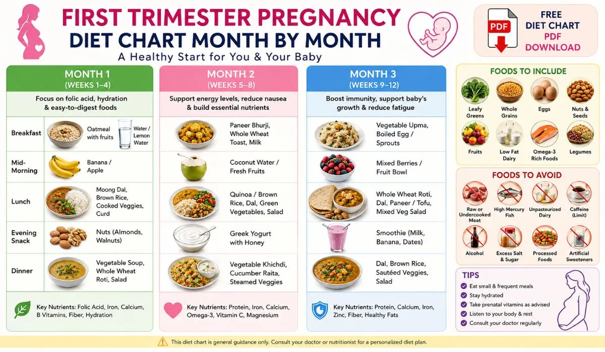 First trimester pregnancy diet chart month by month PDF with healthy meal plan, foods to eat, foods to avoid, and nutrition tips for weeks 1–12.