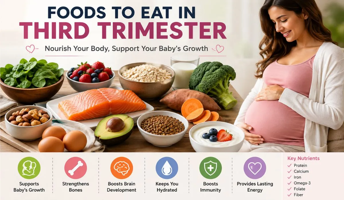 Pregnant woman with healthy foods to eat in the third trimester