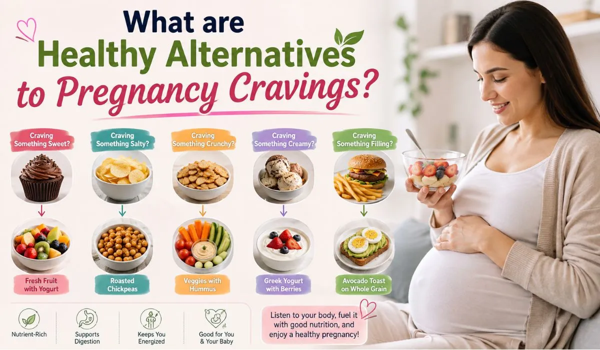 Healthy alternatives to pregnancy cravings including fruit, yogurt, chickpeas, vegetables, and avocado toast