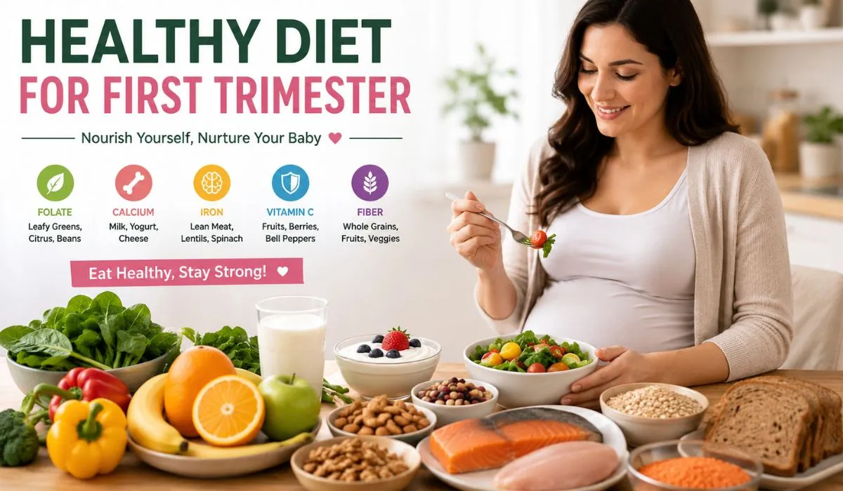 Healthy diet for first trimester pregnancy with nutritious foods