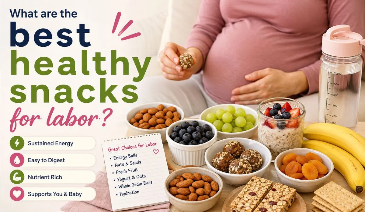 Healthy snacks for labor including bananas, dates, granola bars, nuts, yogurt, and electrolyte drinks