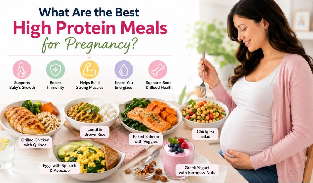High protein meals for pregnancy including grilled chicken, salmon, lentils, chickpea salad, eggs, and Greek yogurt