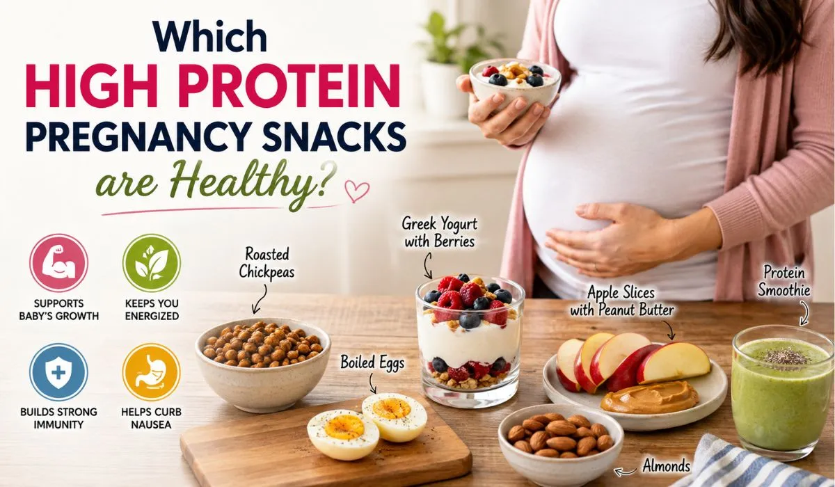 High-protein pregnancy snacks including Greek yogurt, boiled eggs, nuts, hummus, and fruit