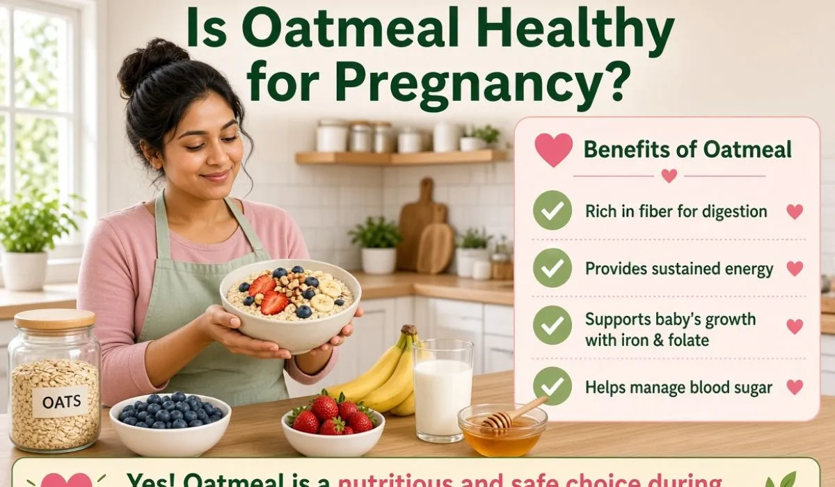 Healthy bowl of oatmeal with berries and banana during pregnancy