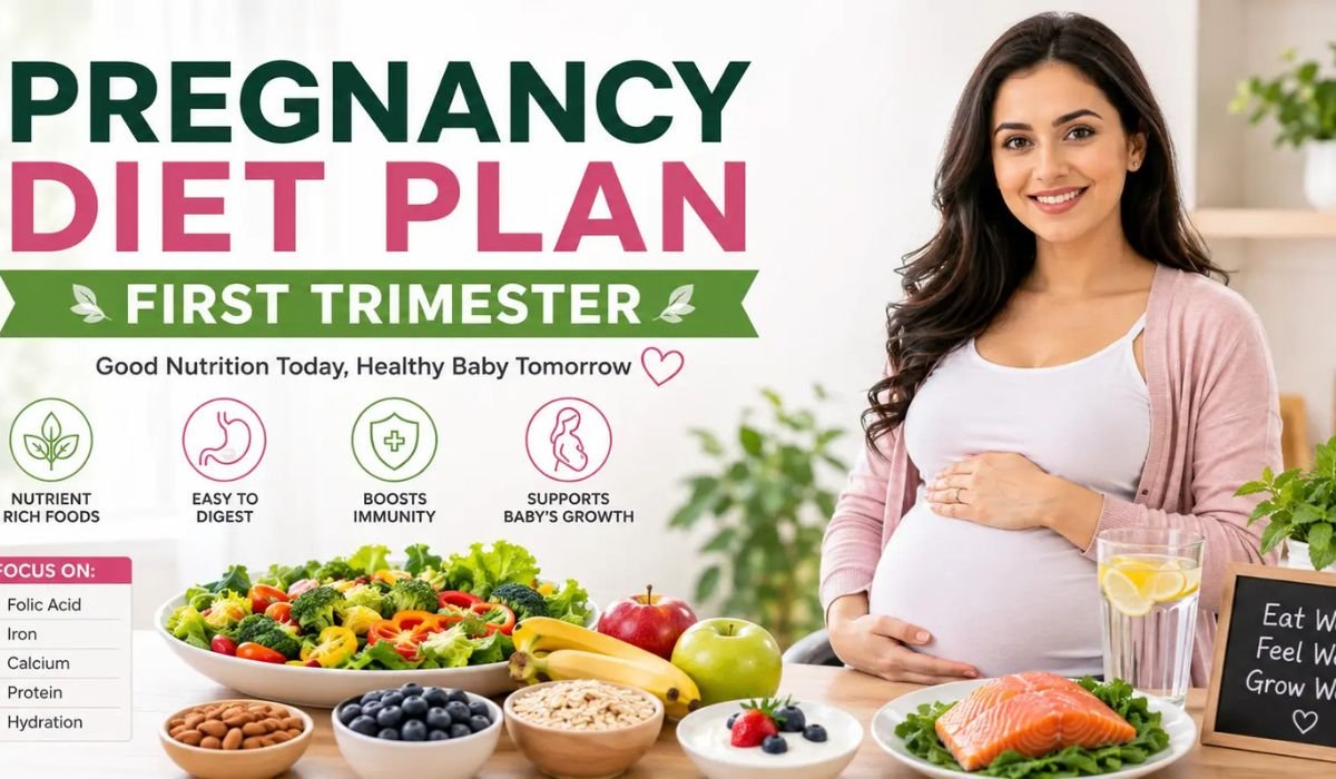 Pregnant woman with healthy foods showing a pregnancy diet plan for the first trimester.