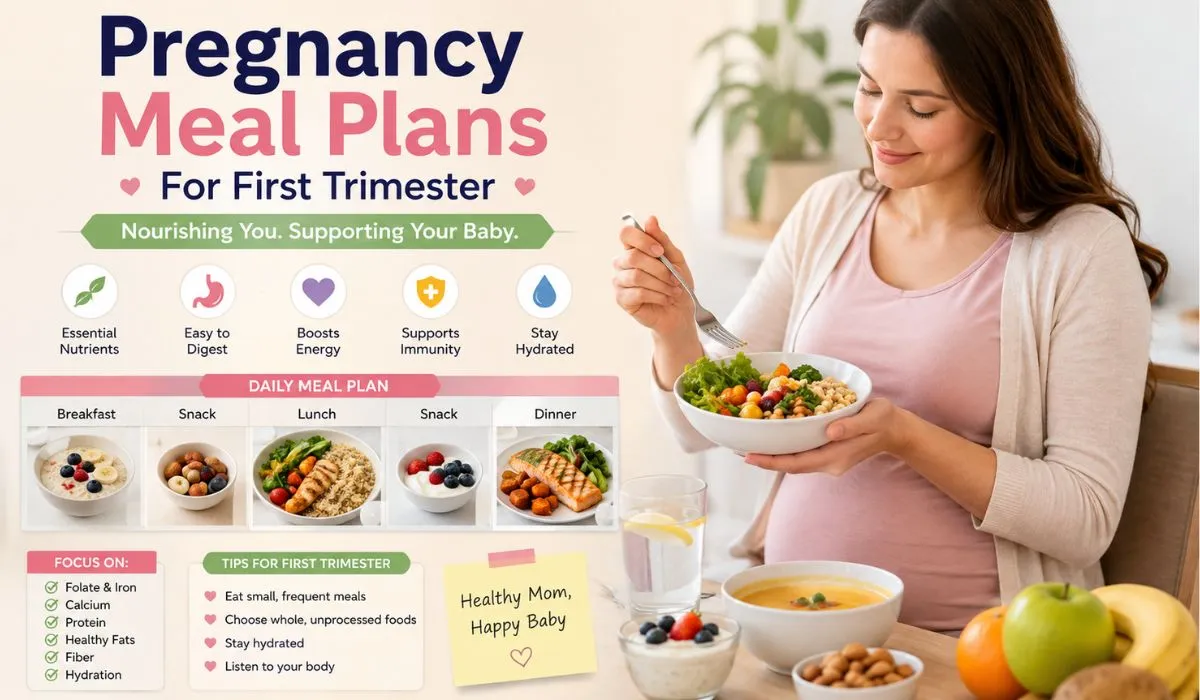 Pregnancy meal plans for first trimester with healthy foods and a pregnant woman
