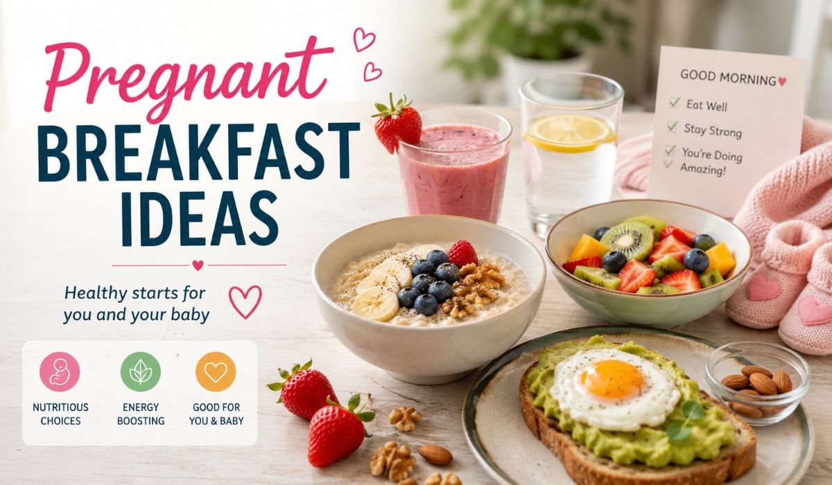 Pregnant breakfast ideas with oatmeal, avocado toast, fruit, smoothie, and healthy morning foods