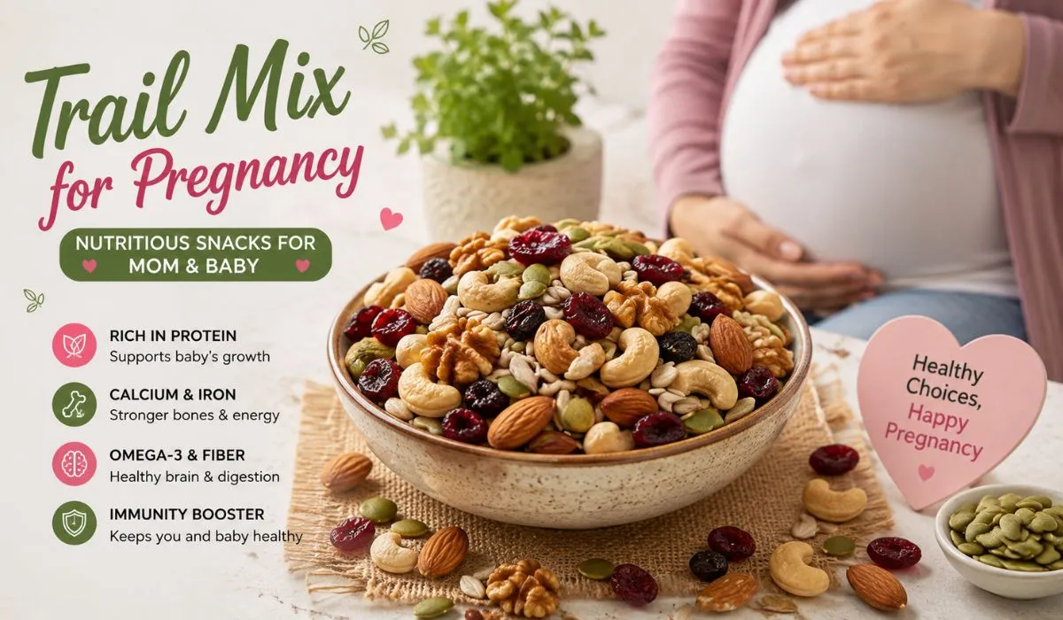 Healthy trail mix for pregnancy with nuts, seeds, and dried fruit