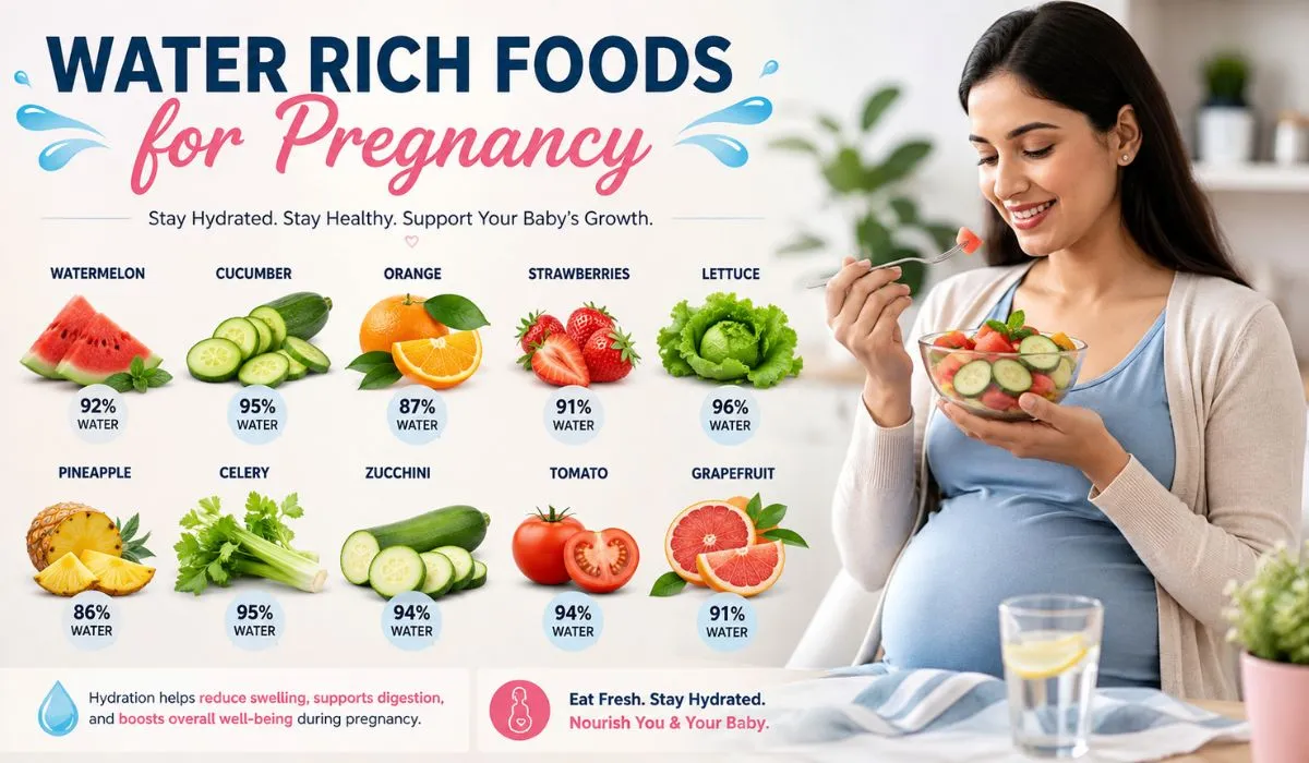 Water-rich foods for pregnancy including watermelon, cucumber, oranges, and strawberries