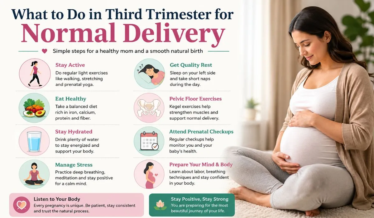Pregnant woman practicing healthy habits during the third trimester for a normal delivery