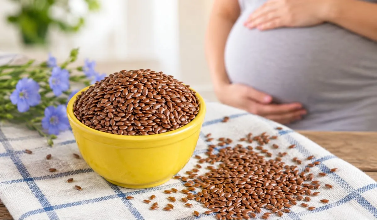 Can you eat flaxseed while pregnant? Pregnant woman with flaxseeds and healthy food