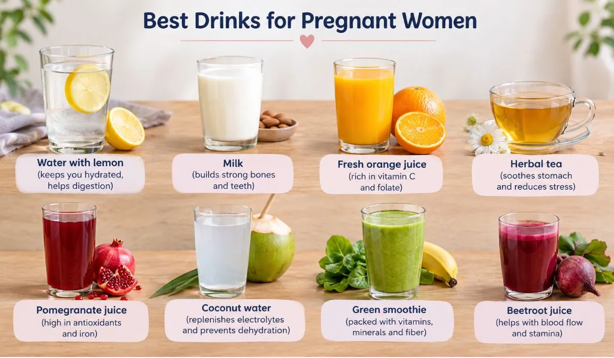 Best drinks for pregnant women including water, milk, orange juice, herbal tea, coconut water, and healthy smoothies