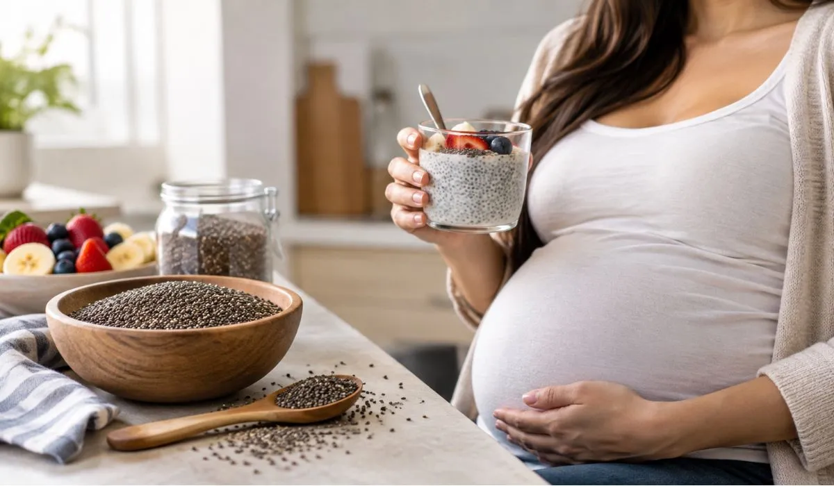 Chia seeds during pregnancy in a bowl with fresh fruit