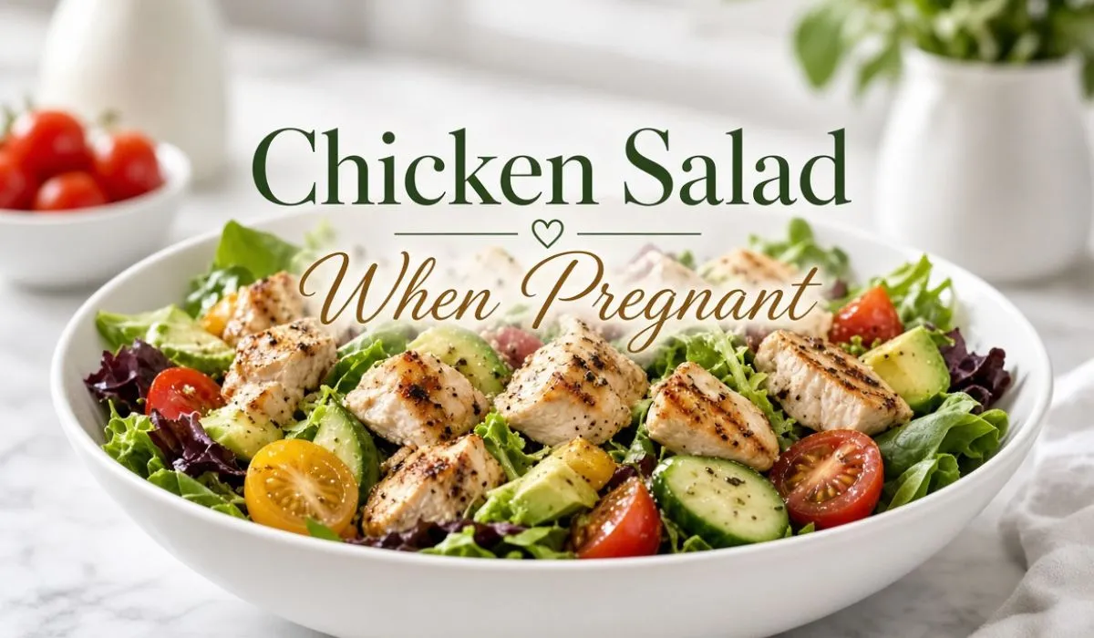 Chicken salad with cooked chicken, lettuce, tomatoes, and vegetables for pregnancy