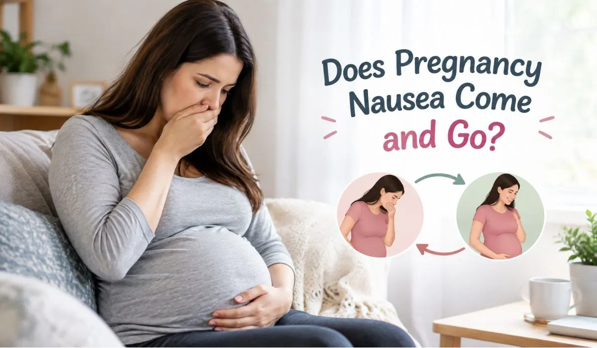Pregnant woman experiencing nausea while pregnancy nausea comes and goes