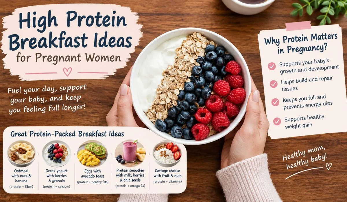 High protein breakfast ideas for pregnant women with yogurt, berries, oats, and healthy breakfast options