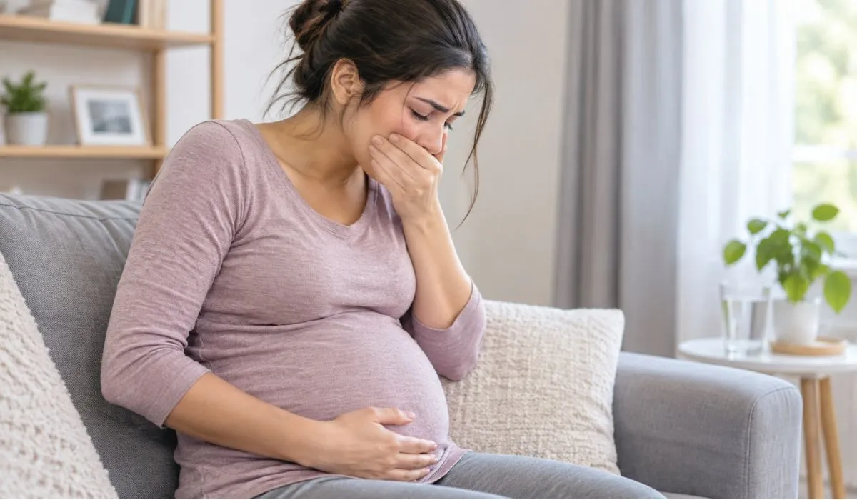 Pregnant woman experiencing nausea at 23 weeks