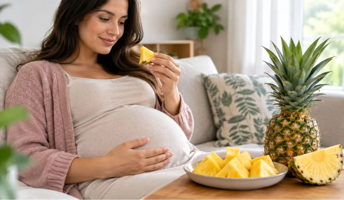 Pineapple while pregnant, with a pregnant woman enjoying fresh pineapple