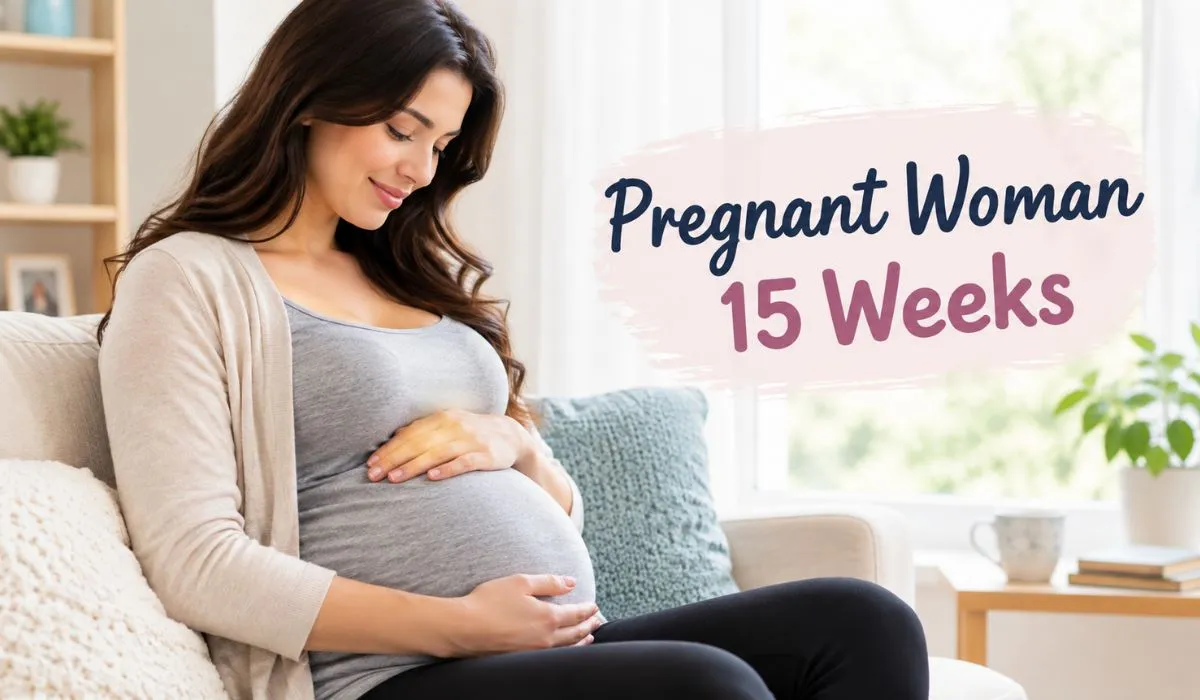 Pregnant woman at 15 weeks holding her belly
