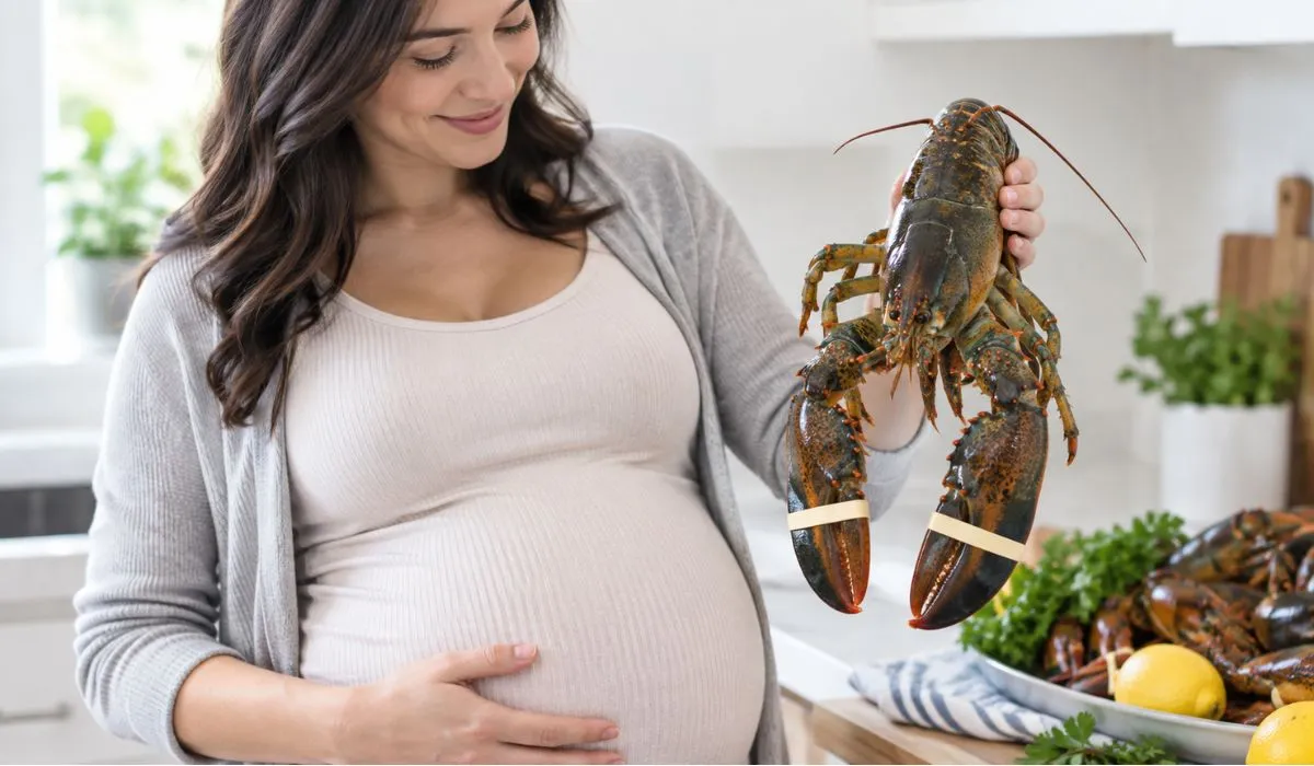Pregnant woman holding lobster in kitchen